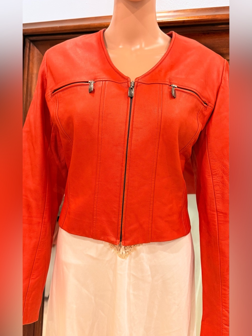 VTG 80s 90s Saks Fifth Avenue Folio Orange Red Zip Front Cropped Leather Jacket